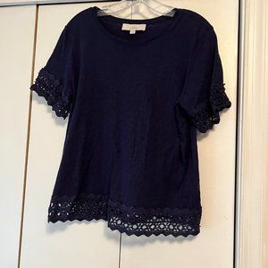 Loft Navy, Cotton Short Sleeve T-Shirt w/Crochet Hem and Sleeves - Medium